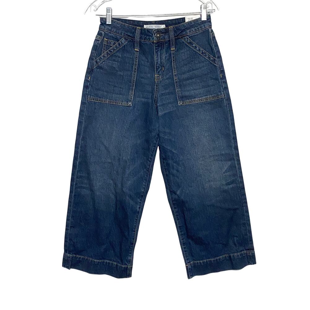 Melrose and Market Womens 25 Cropped Wide Leg Jeans Blue Denim Patch Pockets NWT